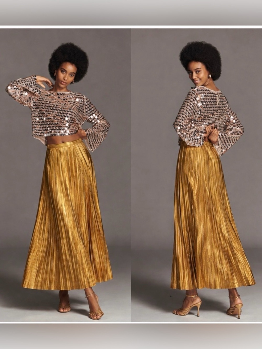 By Anthropologie Maeve Metallic Pleated Gold Midi Skirt Size 12